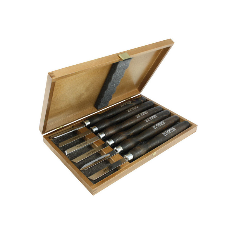 Set of woodturning chisels in wooden box