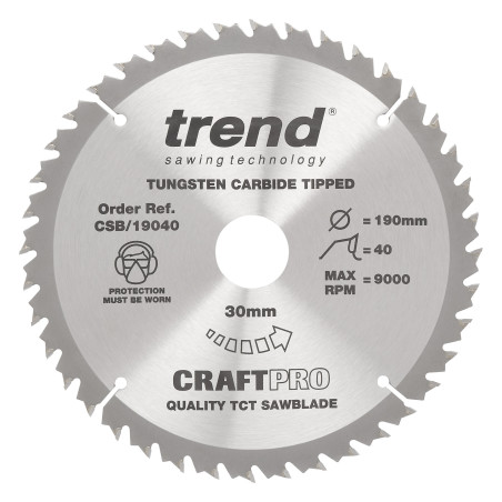 The Craft Pro 190mm diameter 30mm bore 40 tooth general purpose saw blade for hand held circular saws.