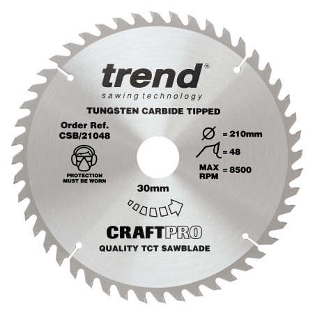 The Craft Pro 210mm diameter 30mm bore 48 tooth general purpose saw blade for table saws and hand held circular saws.