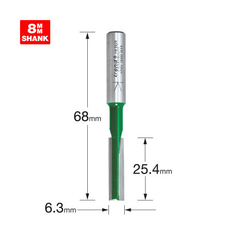 Trend rak fräs Ø 6,3 mm, två skär, 8 mm skaft - C008X8MMTC