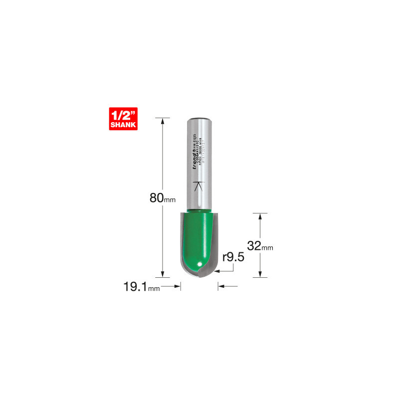 Trend CraftPro 1/2" TCT 9.5mm Radius Draining Groove Router Cutter, 19mm x 32mm