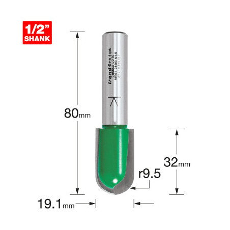 Trend CraftPro 1/2" TCT 9.5mm Radius Draining Groove Router Cutter, 19mm x 32mm