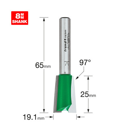 Trend Dovetail Cutter 19.1 mm x 97° x 25 mm Cut 8 mm Shank